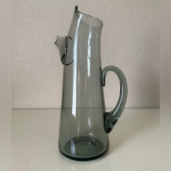 Blown Art Glass Cocktail Martini Pitcher Smoke Gray Applied Handle Spout 11.5” - Picture 8 of 13